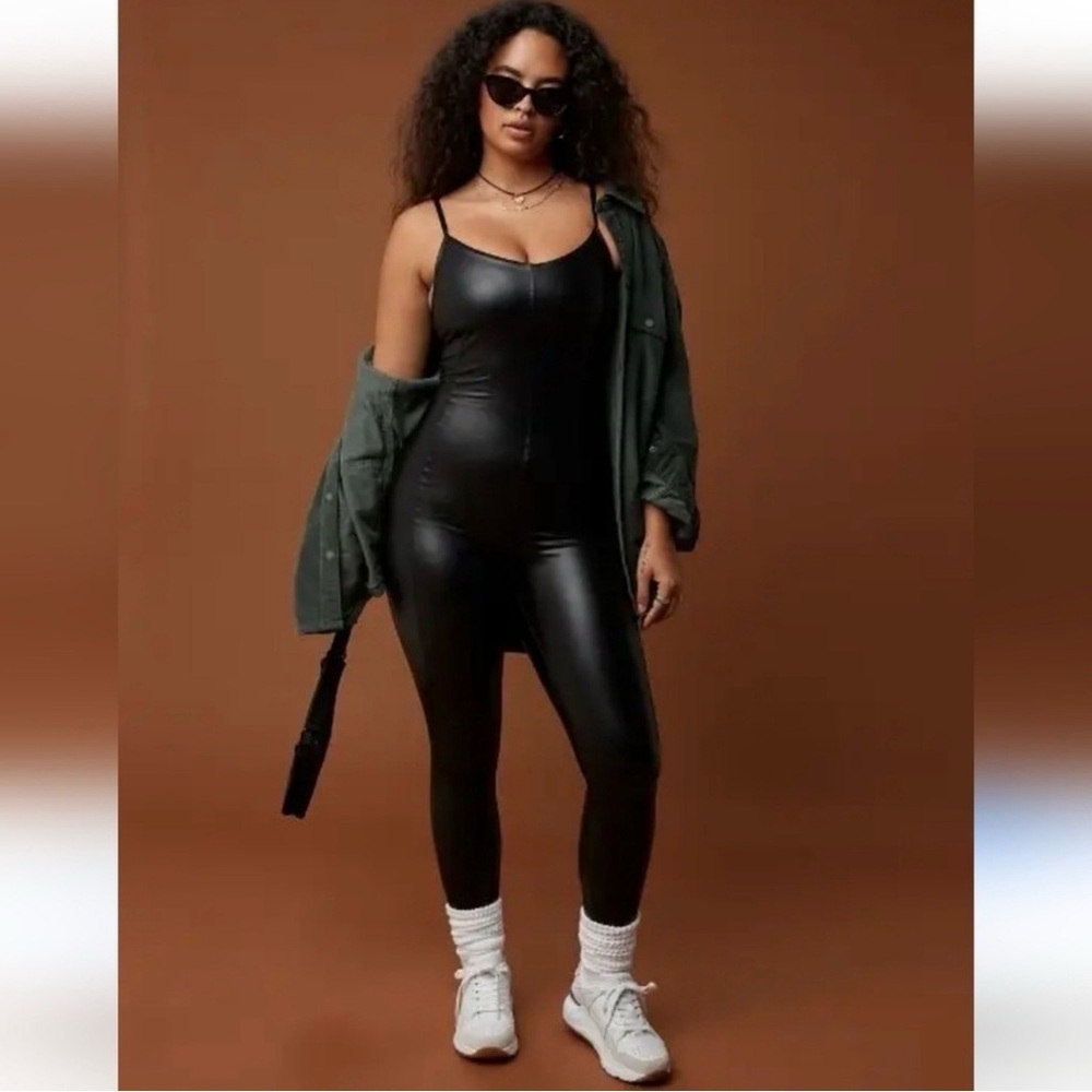 Aerie Black Faux-Leather Slim Strappy Jumpsuit